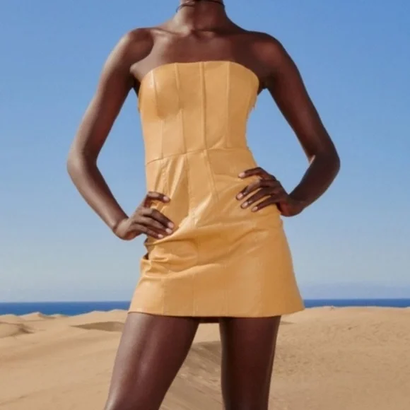 yellow faux leather dress MERCI STRETCH LEATHER DRESS